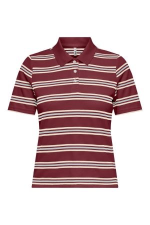 Only - Onlevie S/S Polo Top - 4838423 Ruby Wine Starlight Blue + Antique White (Without Tag)
