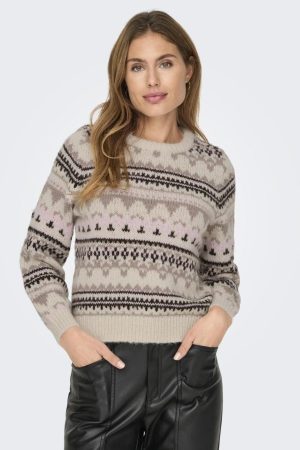 Only - Onlmontana L/S Life O-Neck Cc Knt - 4506230 Whitecap Gray Chocolate Torte/Silver Mink/Fairy Tale