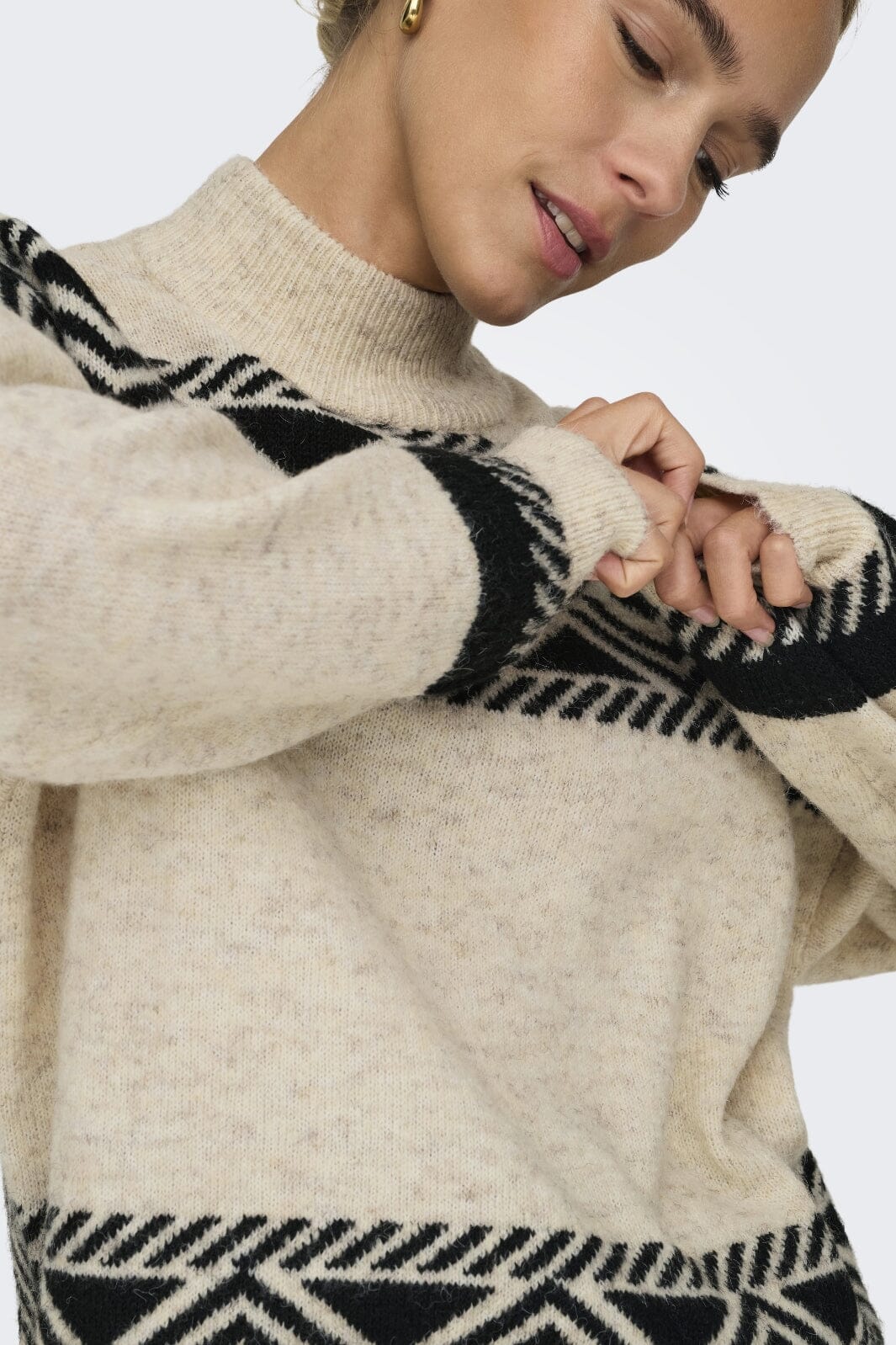 Only - Onlvictoria L/S Pullover Knt - 4478530 Pumice Stone Black Jacquard