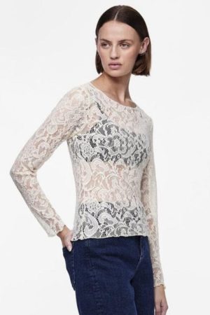 Pieces - Pcnora Ls O-Neck Lace Top - 4588831 Cloud Dancer Hot på udsalg