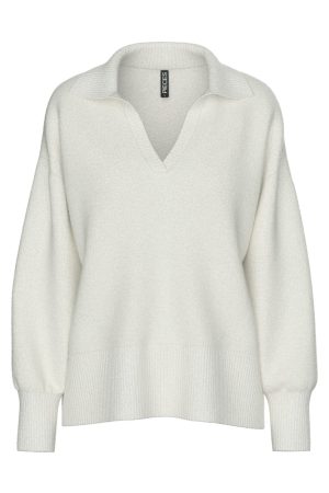 Pieces - Pcmalou Ls Polo Knit - 4824926 Cloud Dancer Melange