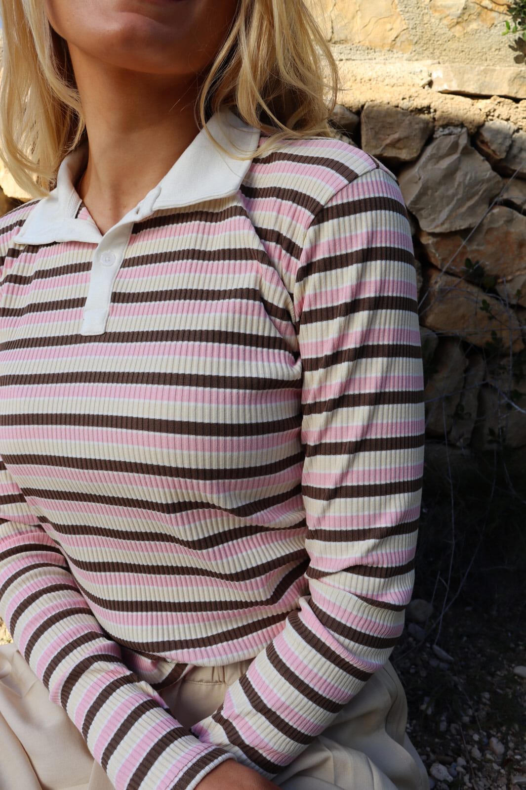 Forudbestilling - Liberte - Natalia-Ls-Polo-Blouse 22163 - Brown Rose Creme Stripe