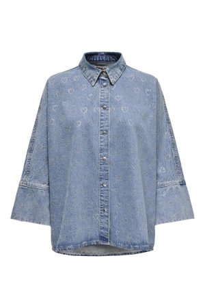 Only - Onlgrace 3/4 Slv Shirt Heart Seq - 4806427 Light Blue Denim Online salg