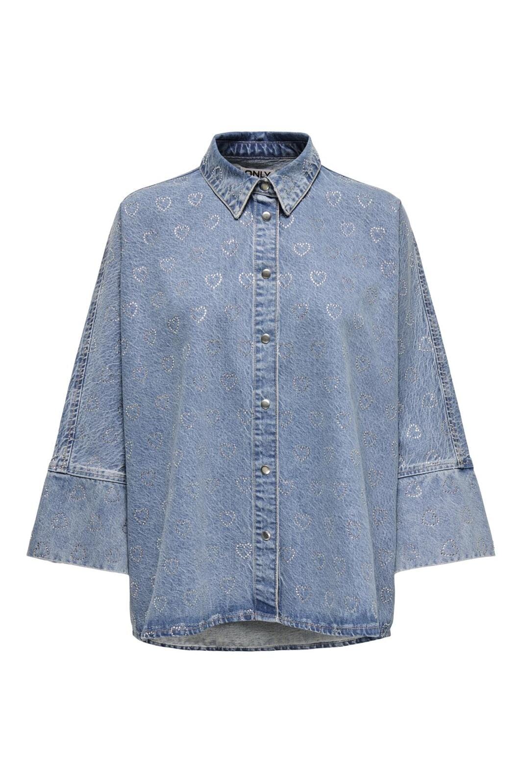 Only - Onlgrace 3/4 Slv Shirt Heart Seq - 4806427 Light Blue Denim Online salg