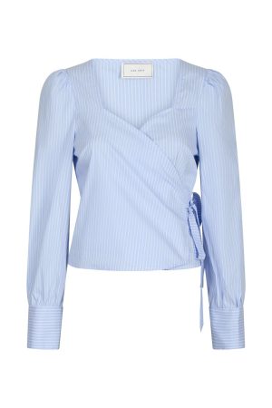 Neo Noir - Isabel Stripe Wrap Blouse 163129 - Light Blue på udsalg