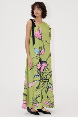 Stine Goya - 2132 Crepe/satin, One Sleeve Maxi Dress W/ Bow Strap sg-ss25-d101-2132 - Pencil Garden