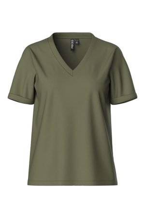 Pieces - Pcria Ss V-Neck Solid Tee - 3783308 Deep Lichen Green Udsalg