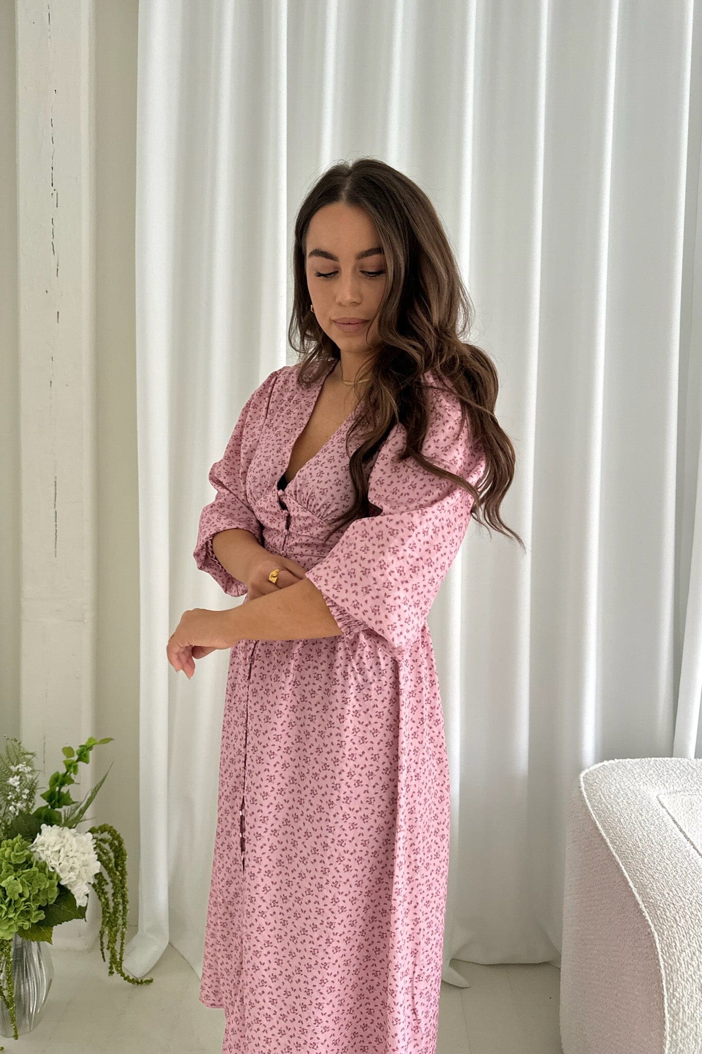 BYIC - Adelic Long Dress - pfsp Pink Flower Stem Print Levere