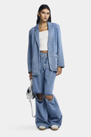 Pieces - Pcfulla Denim Jeans Fsy - 4749673 Light Blue Denim Rhinestone On Knee