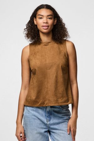 Pieces - Pcjuno Sl O-Neck Top Fsy - 4889516 Amber Brown Hot på udsalg