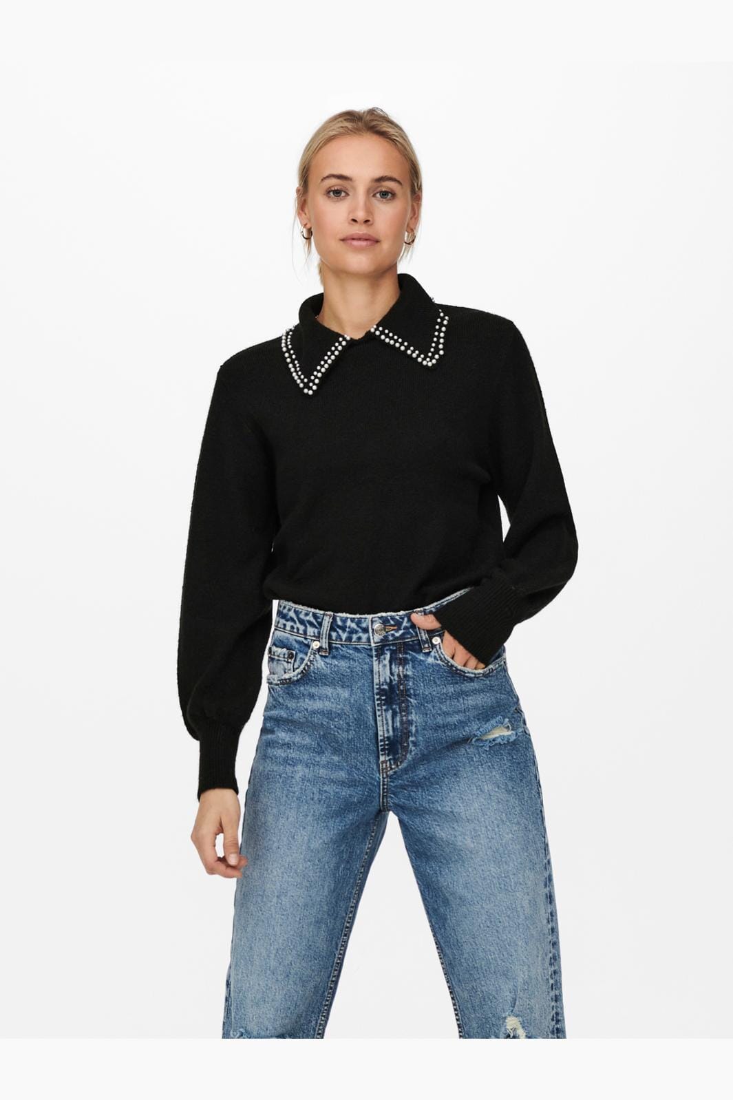 JDY - JDYaubray Life L/S Pearl Pullover Knt - 3818554 Black W White Pearl Collar Online nu