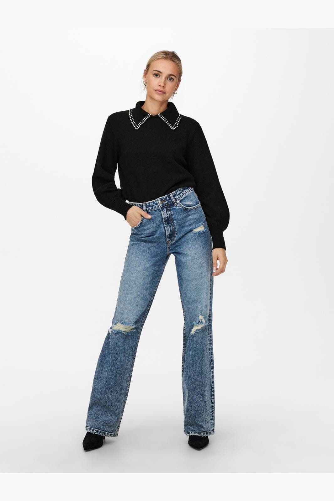 JDY - JDYaubray Life L/S Pearl Pullover Knt - 3818554 Black W White Pearl Collar Online nu
