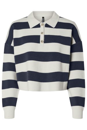 Pieces - Pcjassy Ls Short Polo Knit Fsy - 4844000 Maritime Blue Cloud Dancer