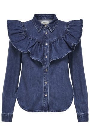 Only - Onlindigo Ls Frill Shirt Qyt - 4287142 Dark Blue Denim
