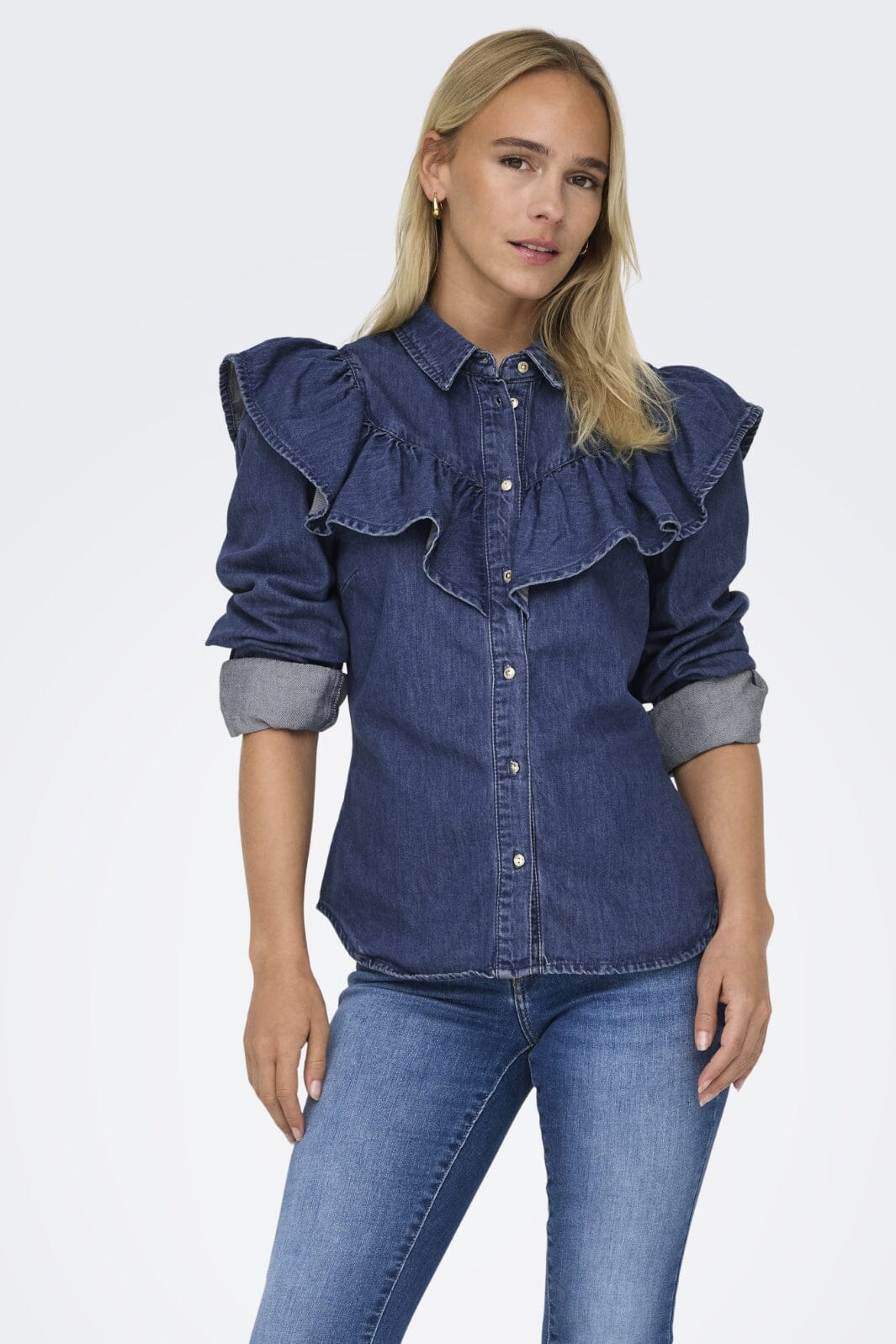 Only - Onlindigo Ls Frill Shirt Qyt - 4287142 Dark Blue Denim