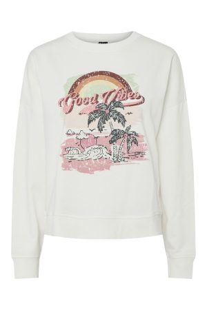 Pieces - Pcsandy Print Ls O-Neck Sweat Fc - 4728945 Cloud Dancer Good Vibes