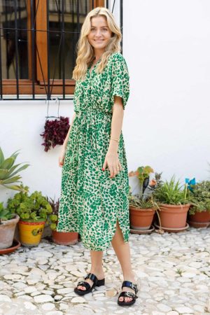 Forudbestilling - Black Colour - Bcluna Kaftan Tie Dress 39214 - Green Leo