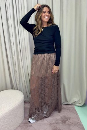 A-bee - Long Lace Skirt - Taupe Udsalg