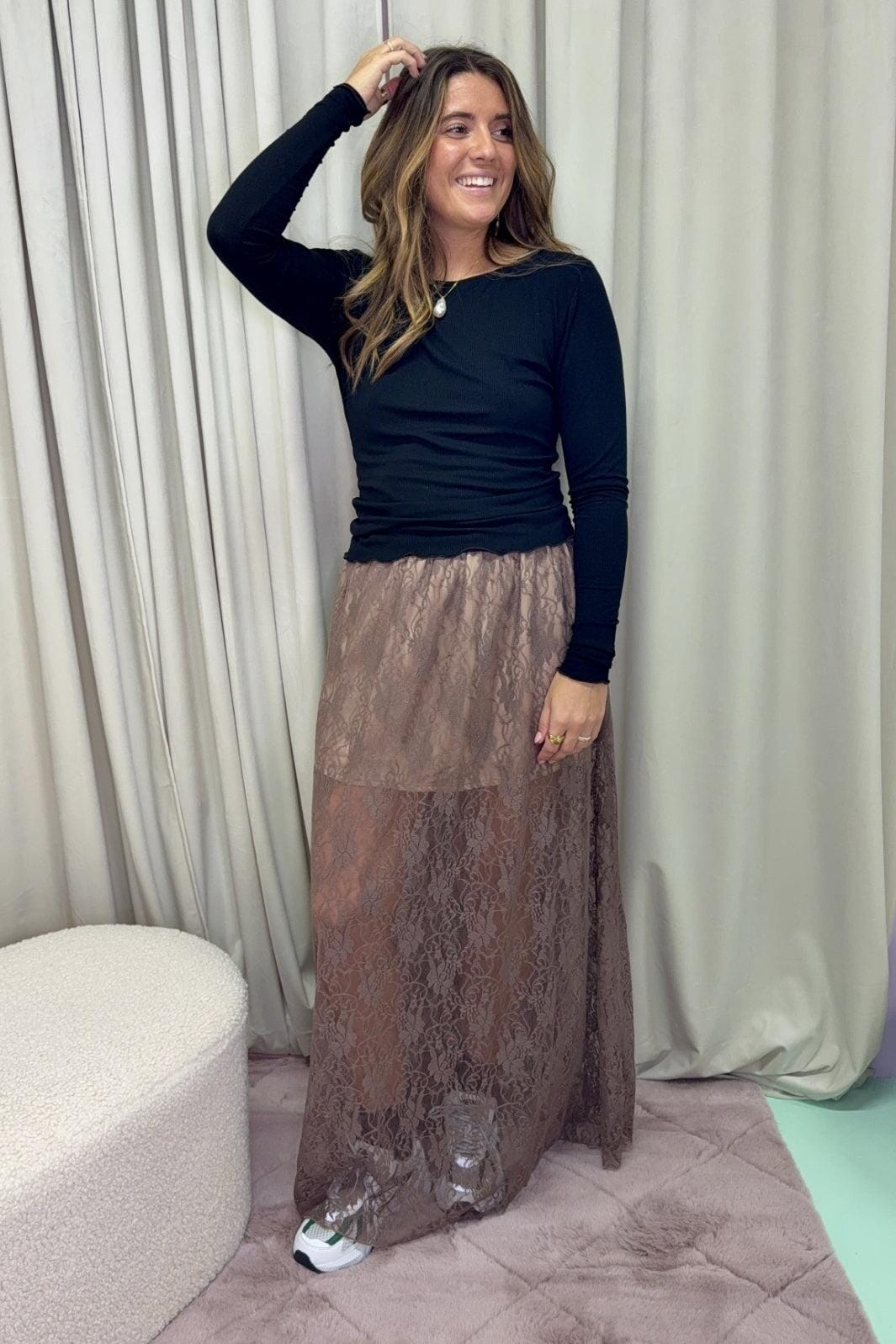 A-bee - Long Lace Skirt - Taupe Udsalg