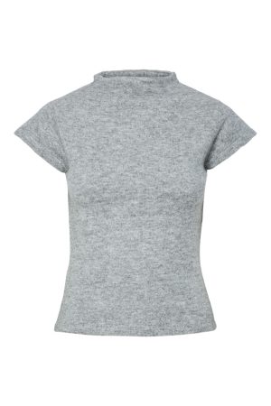 Pieces - Pcfamilla Ss Mock Neck Knit Top Fsy - 4861749 Medium Grey Melange