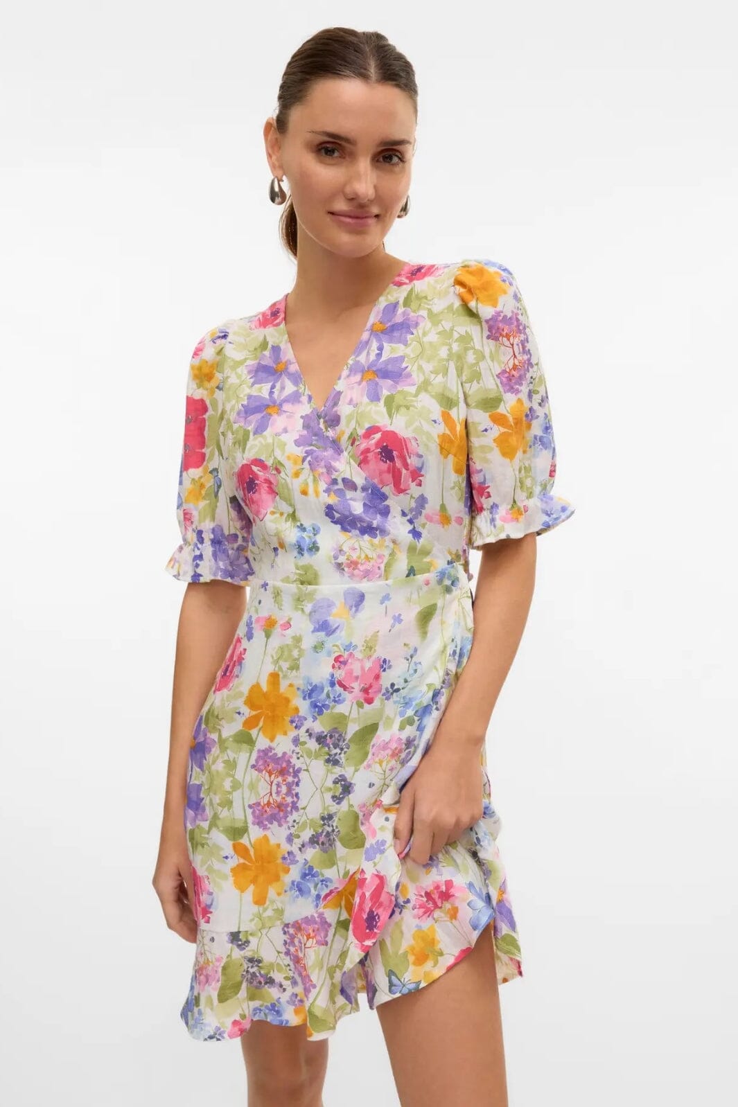 Vero Moda - Vmflora 2/4 Wrap Short Dress - 4887993 Bright White Multi Flower Online