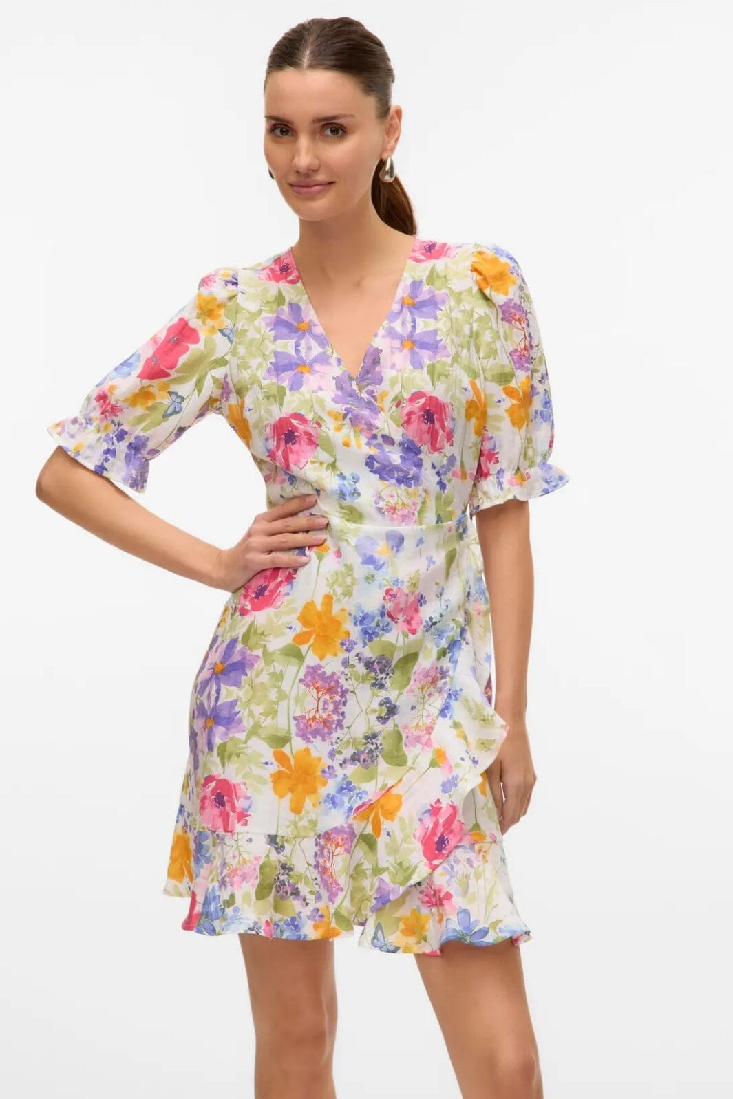 Vero Moda - Vmflora 2/4 Wrap Short Dress - 4887993 Bright White Multi Flower Online