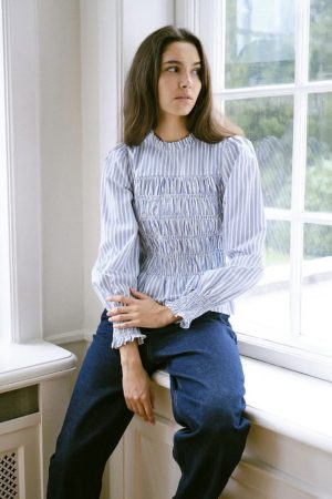 Neo Noir - Possa Stripe Smock Blouse 164667 - 145 - Light Blue