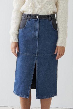 Stella Nova - Black And Blue Denim Midi Skirt - 387 Blue Night