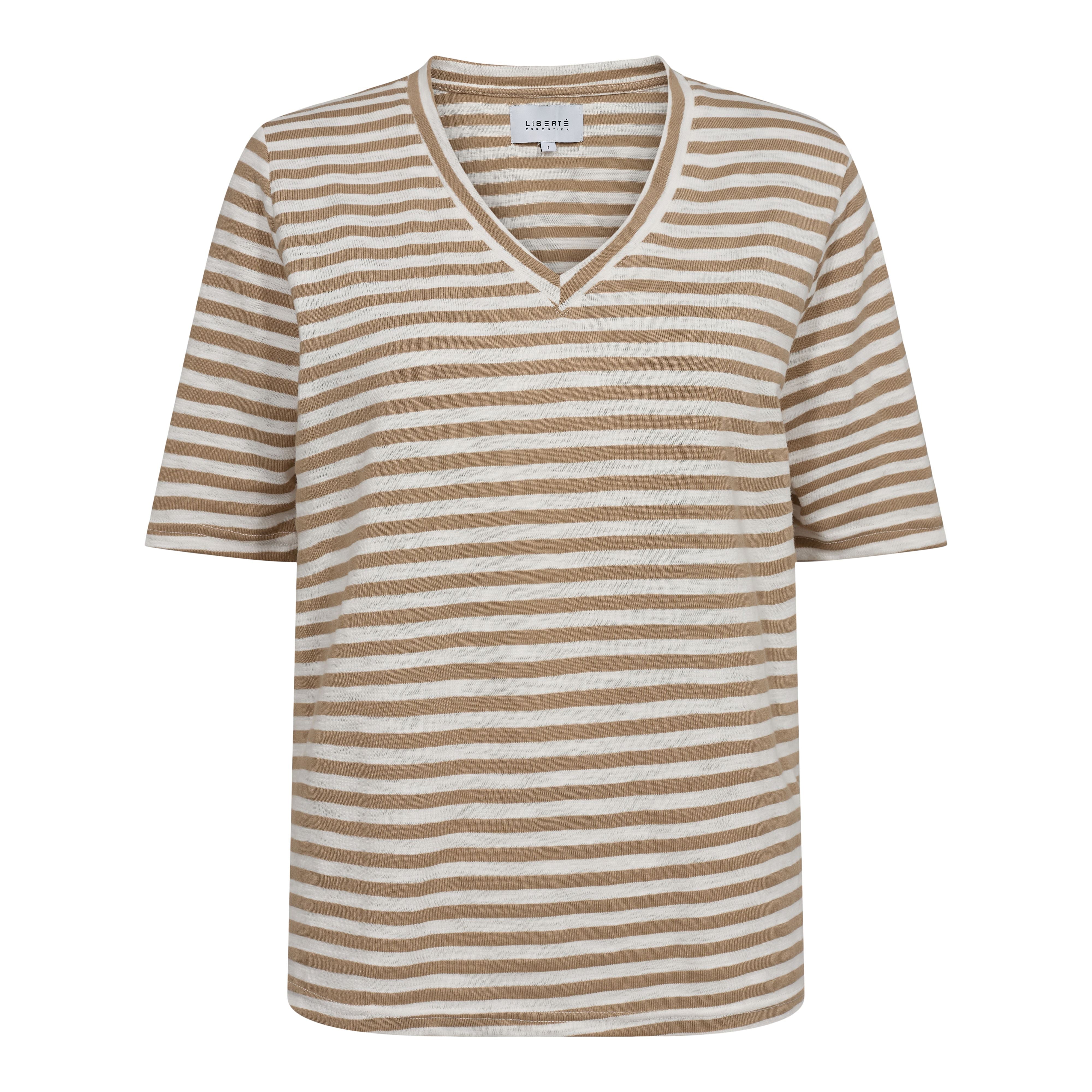 Liberte - Ulla-Ss-Vneck-Stripe-Tshirt - Light Brown White Stripe