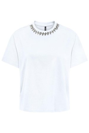 Only - Onlkiara Life S/S O-Neck Top - 4702661 Bright White Rhinestone+Metal Decoband Online nu