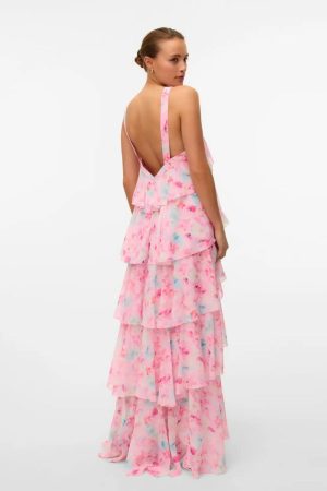 Vero Moda - Vmfelicia Sl Ruffle Maxi Dress - 4783971 Pink Tulle Flower Aop Online salg