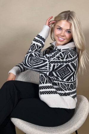 Only - Onlfelicia Ls Zip Pullover Knt - 4564882 Pumice Stone W. Black