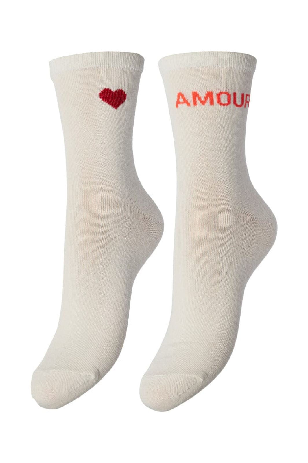 Pieces - Pcmerry Ankle Socks 2-Pack Pa - 4439976 Cloud Dancer 2-Pack Text Amour+Heart Red