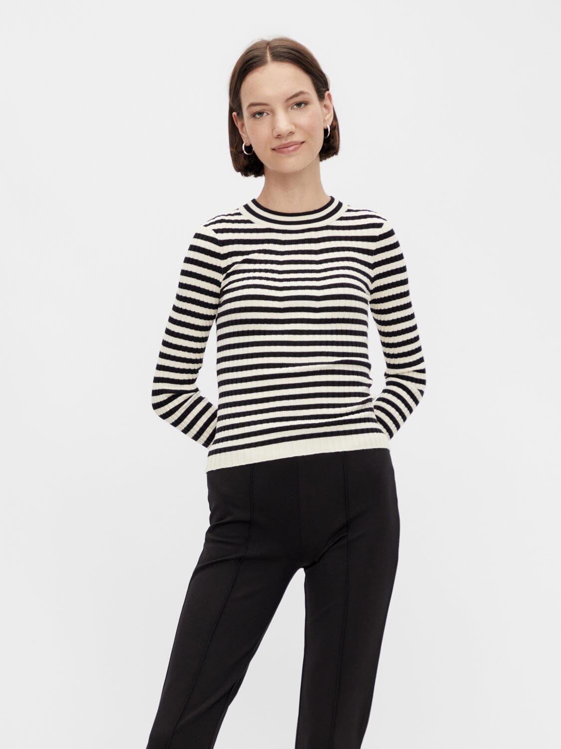 Pieces - Pccrista Ls O-Neck Knit - 3653318 Black WITH BIRCH STRIPES M